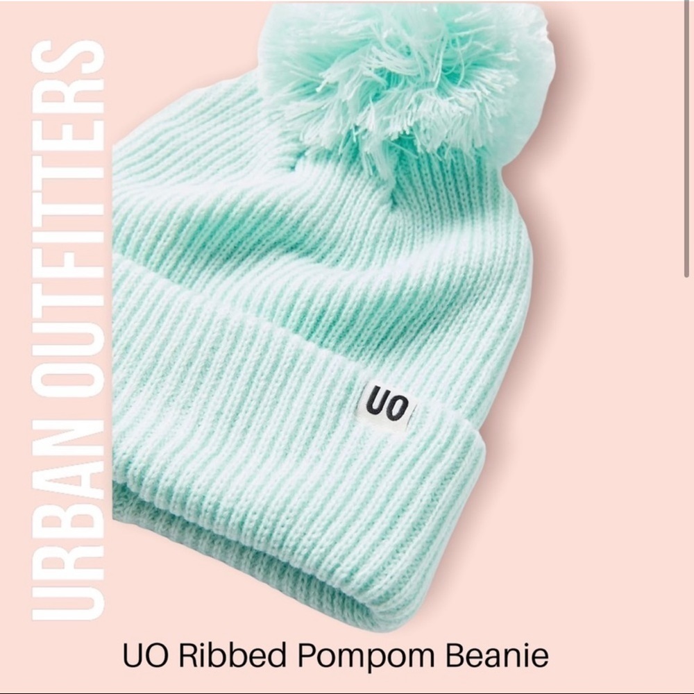 Urban Outfitters UO Ribbed Pompom Green Mint Beanie NWT - Picture 2 of 8
